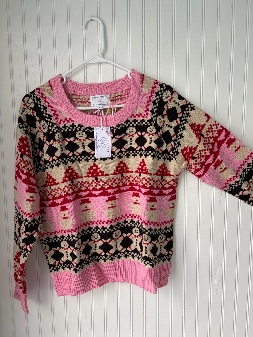 Absolutely Pink & Cream Fair Isle Snowman Crewneck Sweater (NWT) Large